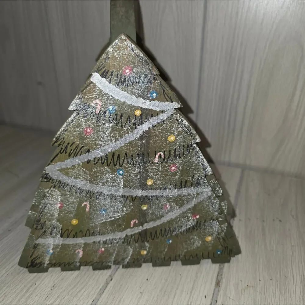 Vtg Handmade Wood Christmas Tree Basket Card Holder Holiday Farmhouse Festive
